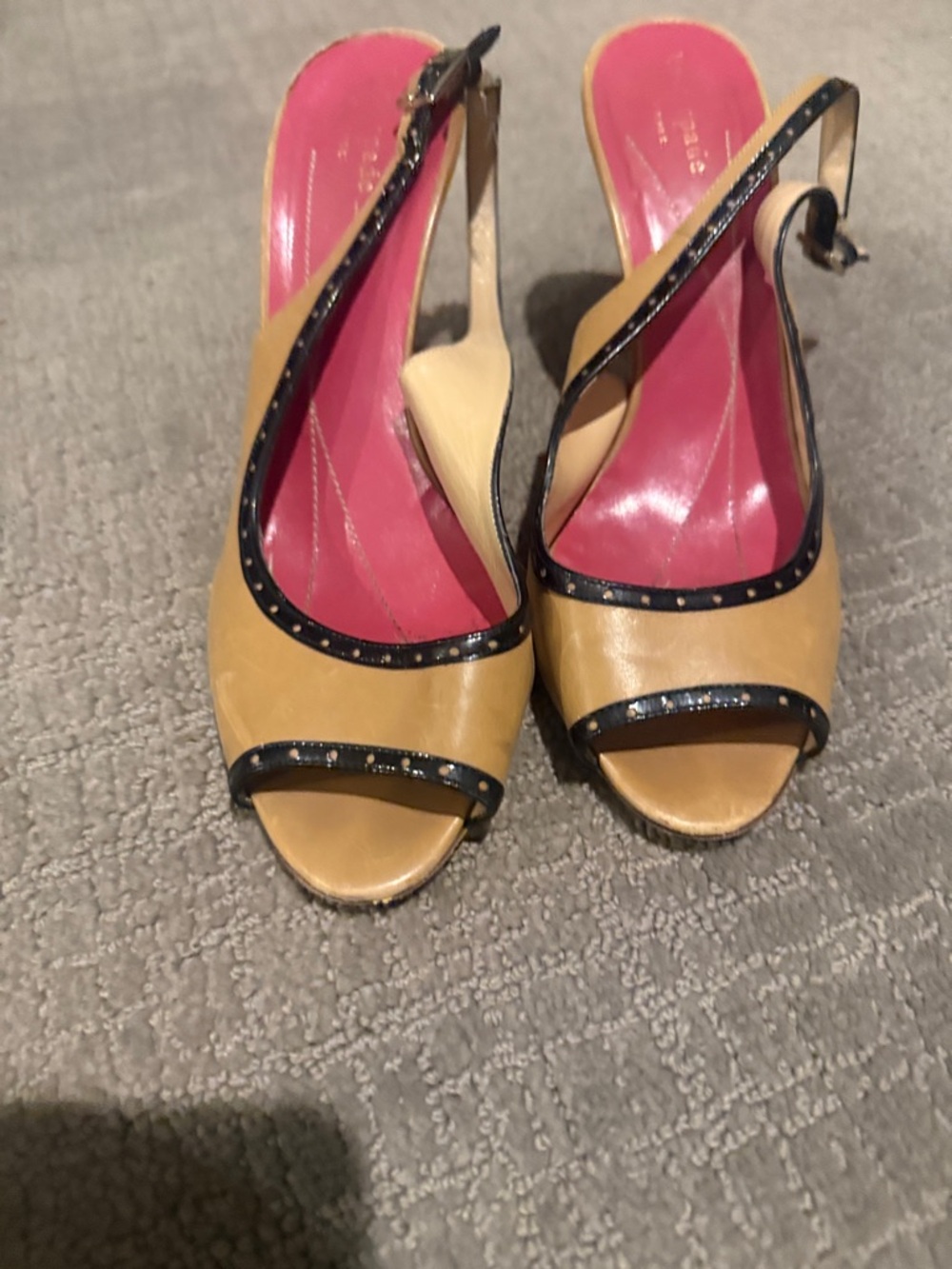 Kate Spade Classic Tan Slingback Heels with Peep Toe and Black Trim